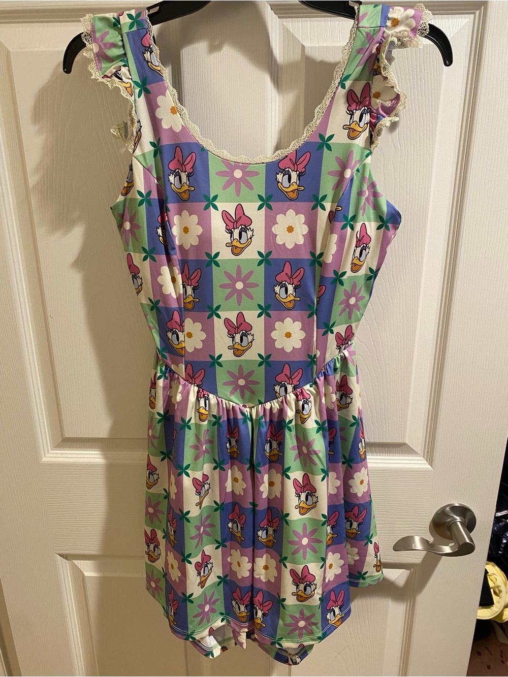 Disney Daisy Duck Lavender Pink Floral Checker Sleeveless Dress